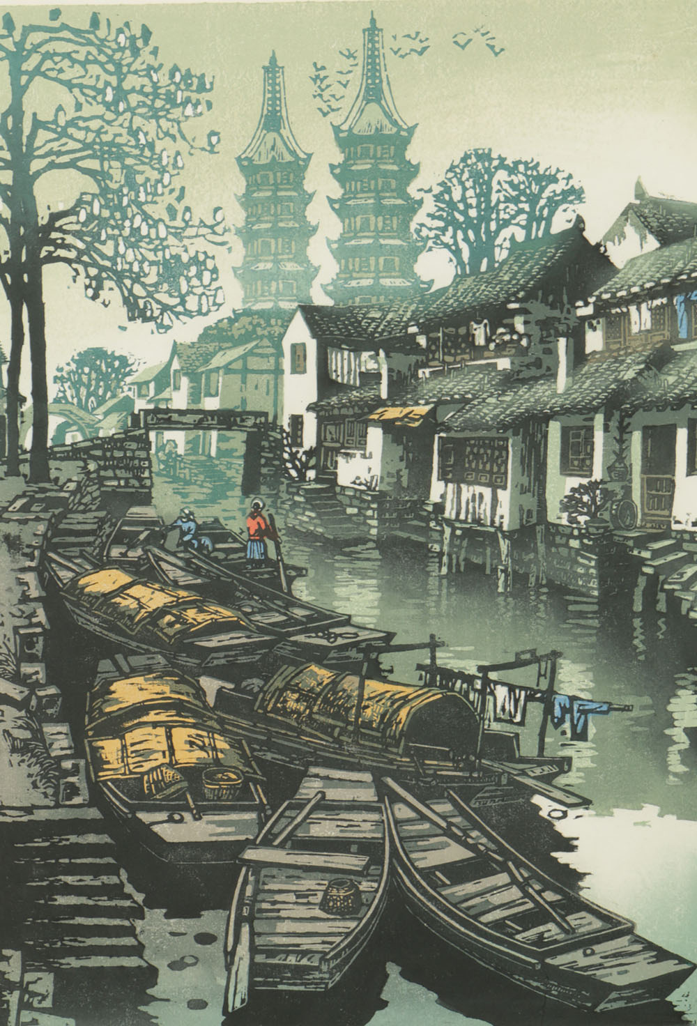 Signed Woodcut of a Chinese Scene by Weng Chenghao