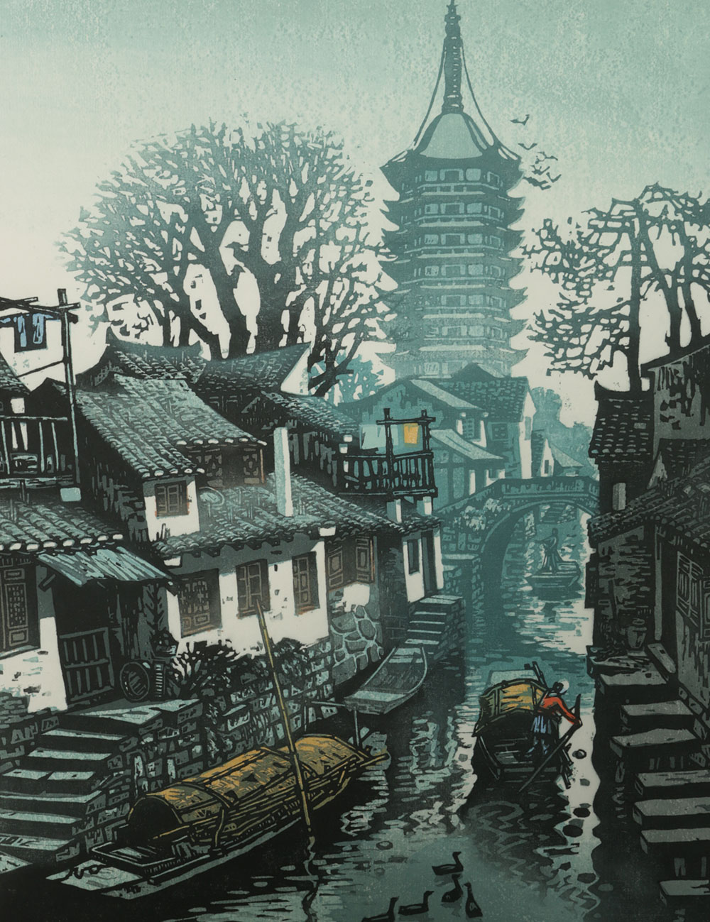 Signed Woodcut of a Chinese Scene by Weng Chenghao