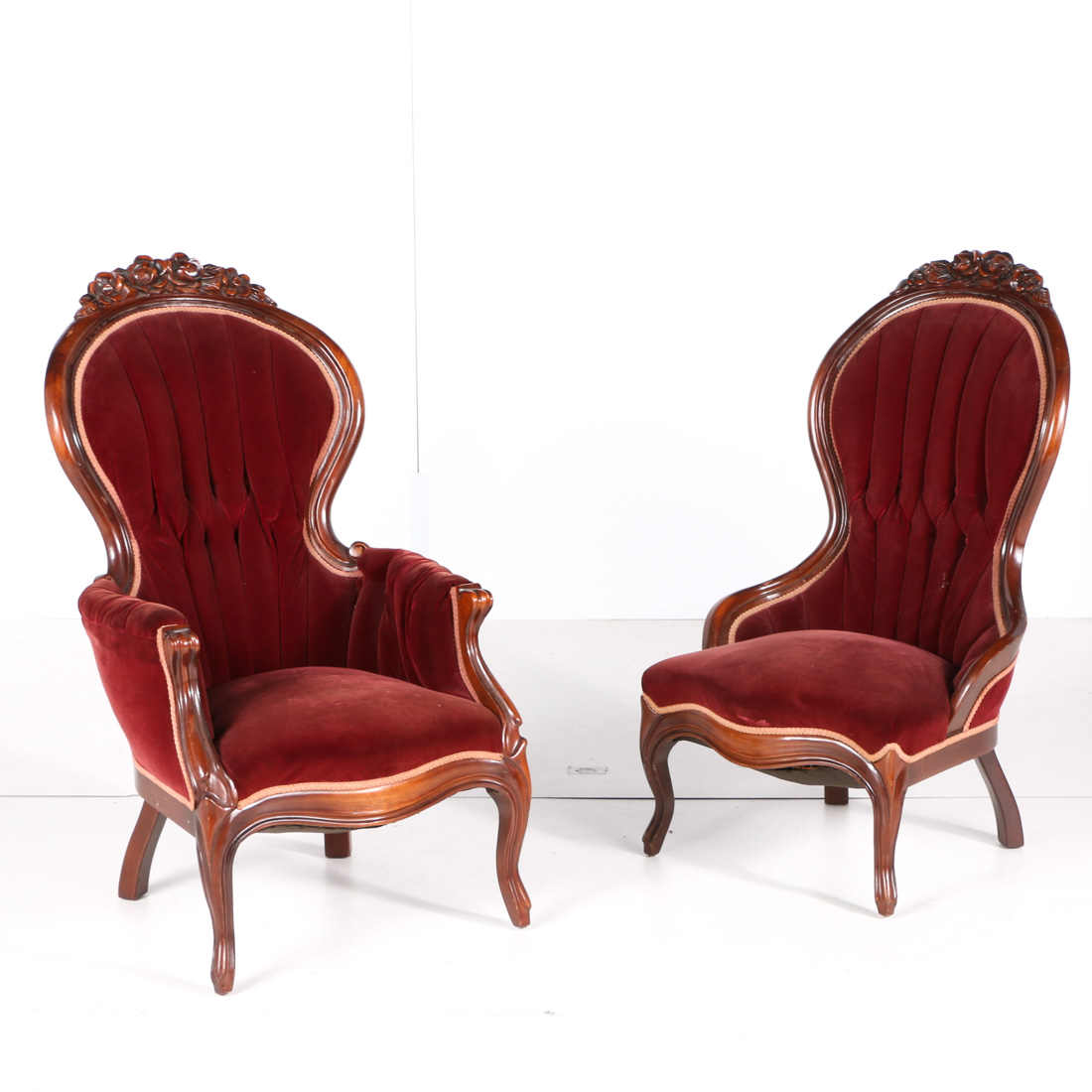 Pair of Burgundy Velvet Victorian Parlor Chairs