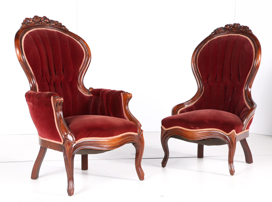 Pair of Burgundy Velvet Victorian Parlor Chairs