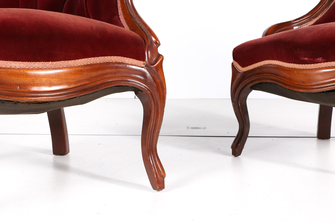 Pair of Burgundy Velvet Victorian Parlor Chairs