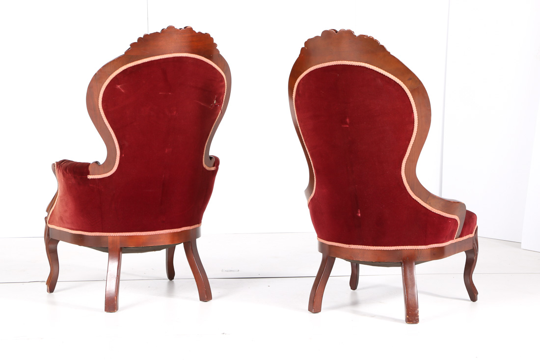 Pair of Burgundy Velvet Victorian Parlor Chairs