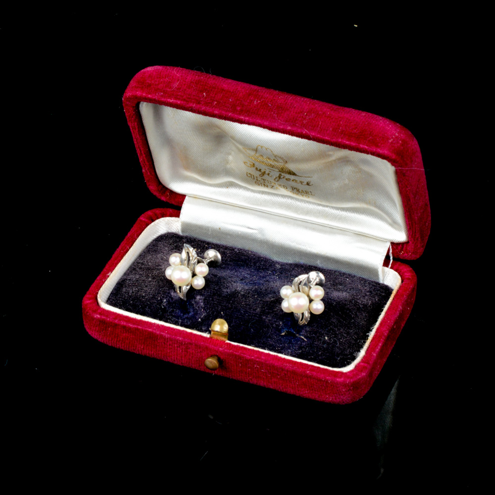 Pair of Japanese Fuji Pearl and Sterling Silver Screw Back Earrings