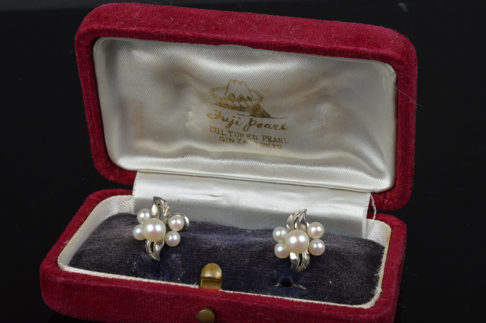 Pair of Japanese Fuji Pearl and Sterling Silver Screw Back Earrings