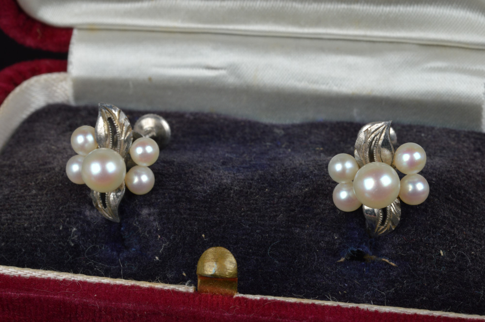 Pair of Japanese Fuji Pearl and Sterling Silver Screw Back Earrings