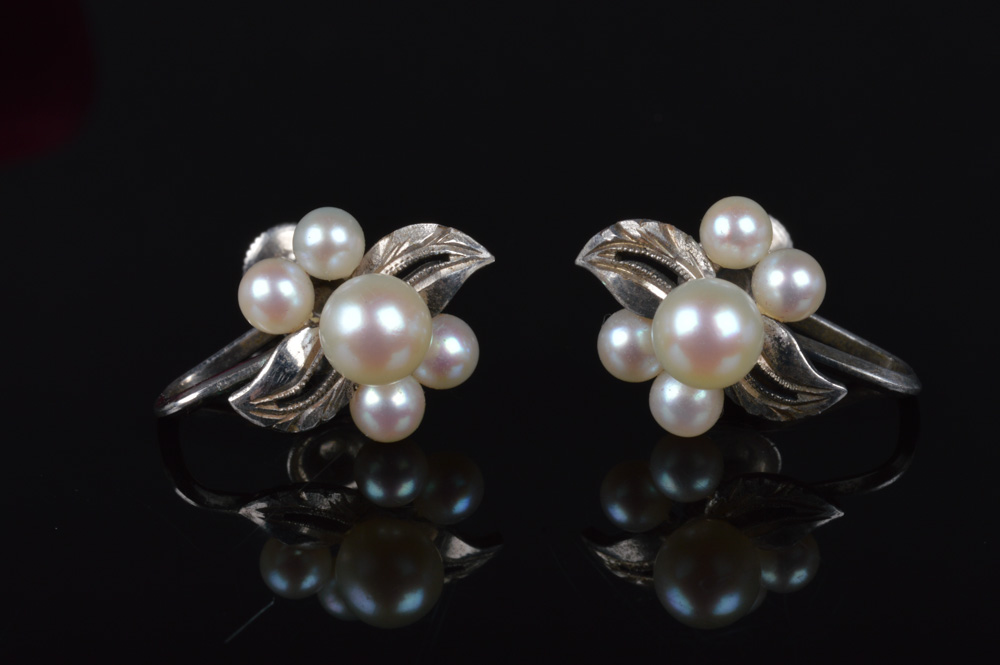 Pair of Japanese Fuji Pearl and Sterling Silver Screw Back Earrings