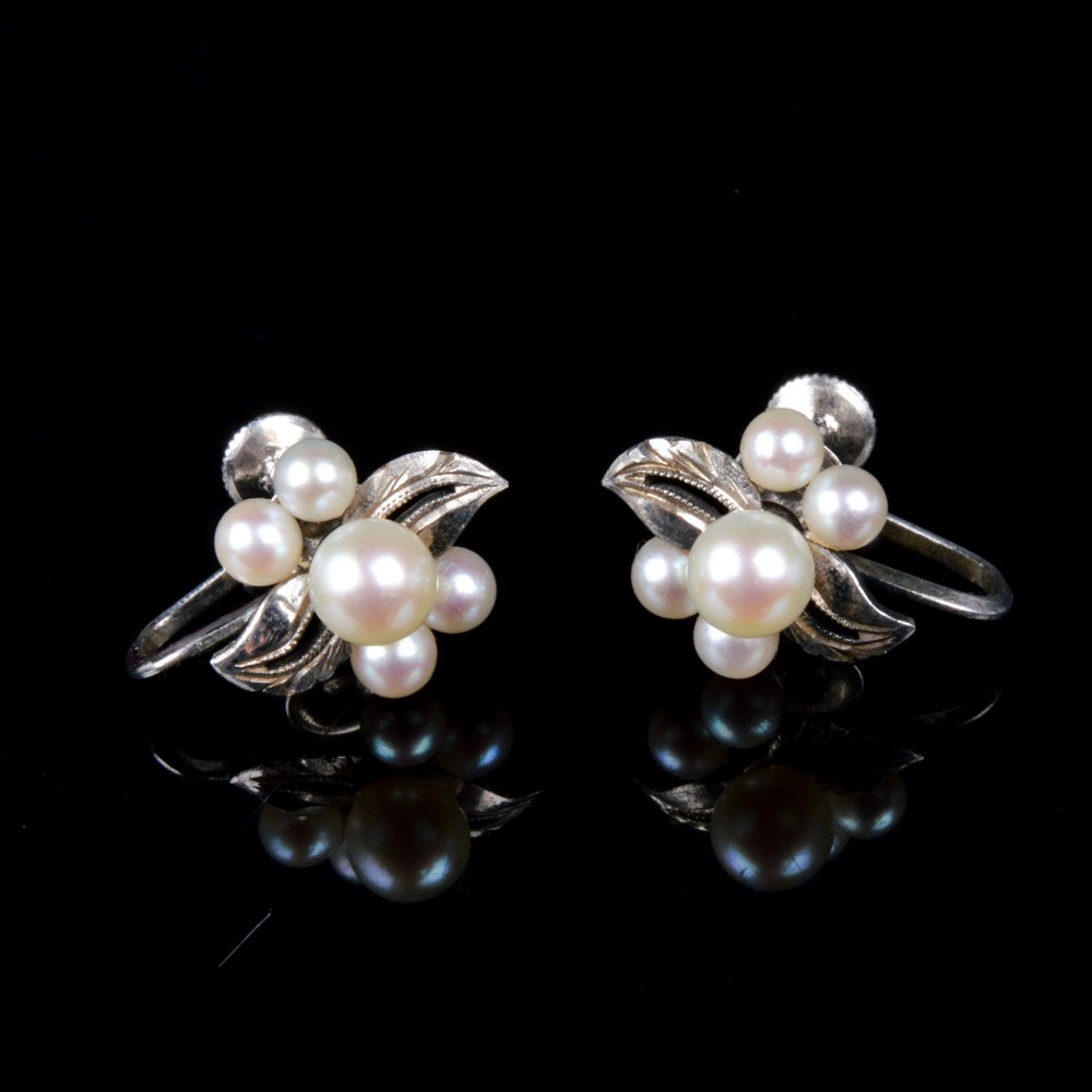 Pair of Japanese Fuji Pearl and Sterling Silver Screw Back Earrings