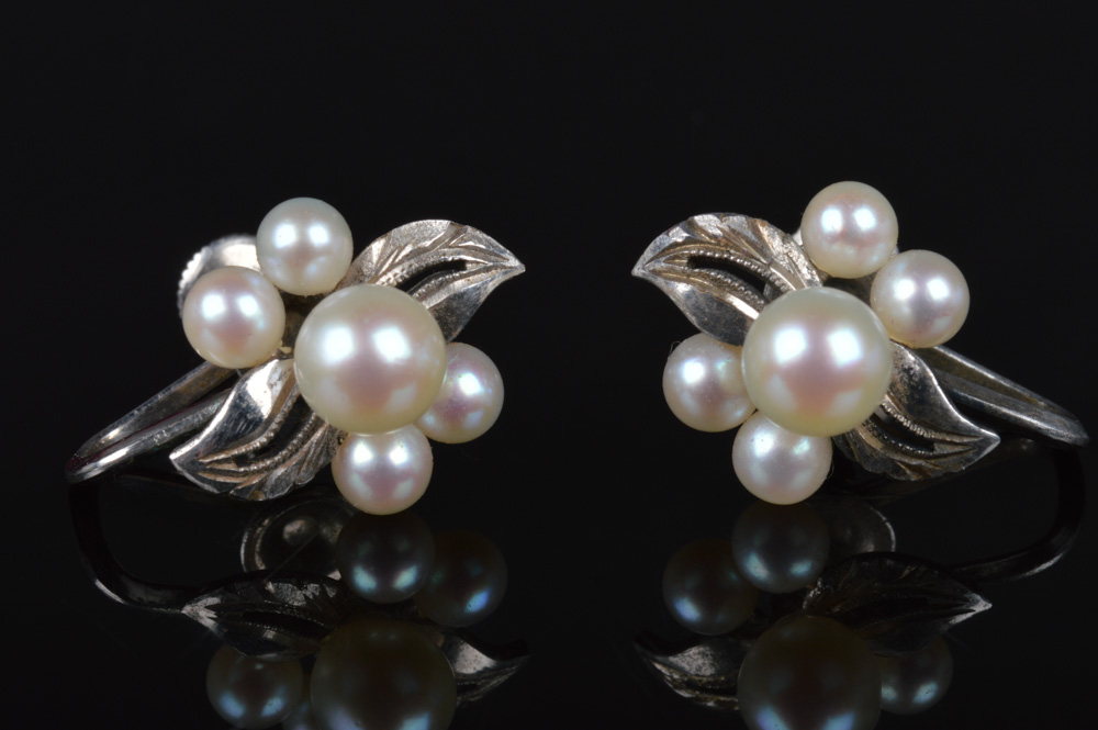Pair of Japanese Fuji Pearl and Sterling Silver Screw Back Earrings