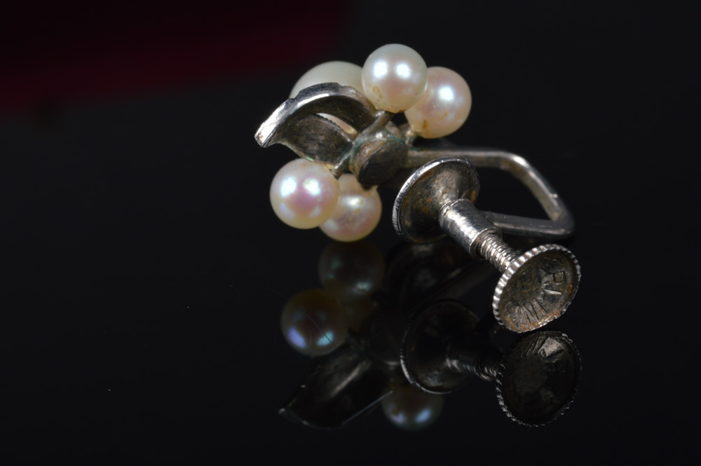 Pair of Japanese Fuji Pearl and Sterling Silver Screw Back Earrings