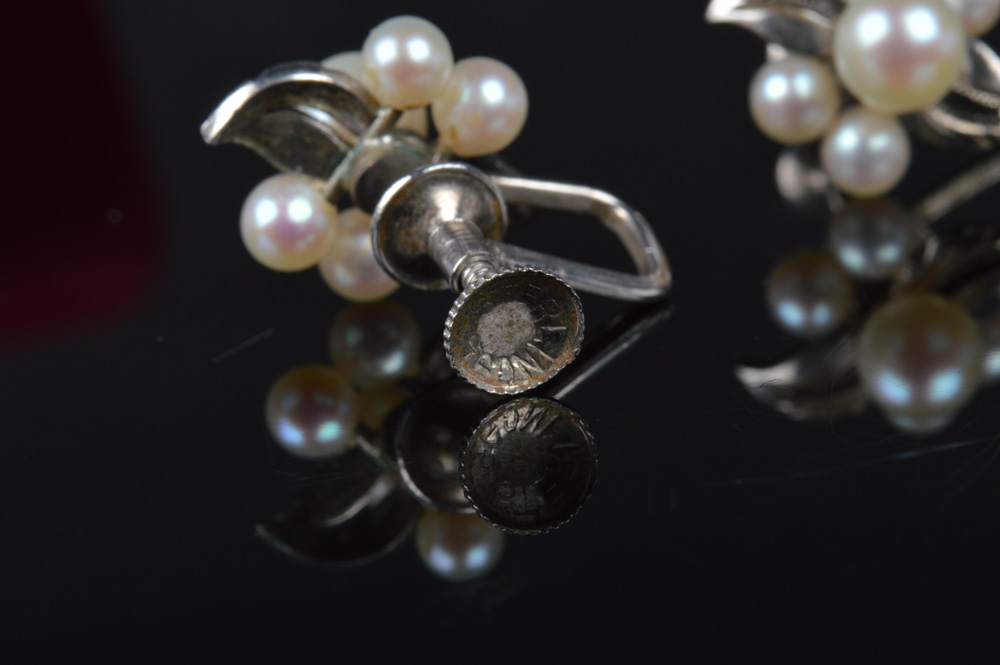 Pair of Japanese Fuji Pearl and Sterling Silver Screw Back Earrings