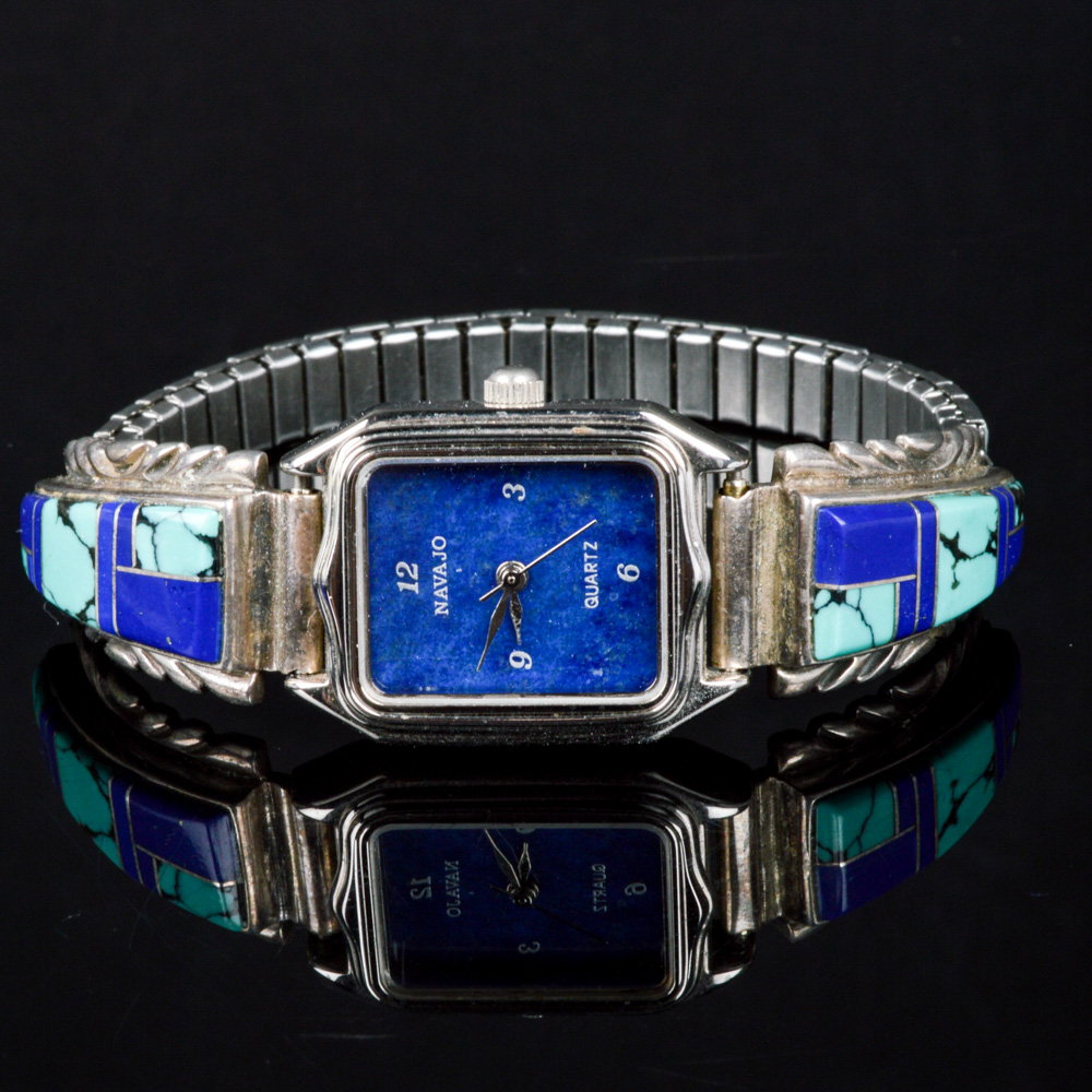 Vintage Navajo Watch with Sterling Silver, Turquoise, and Lapis Lazuli Accents