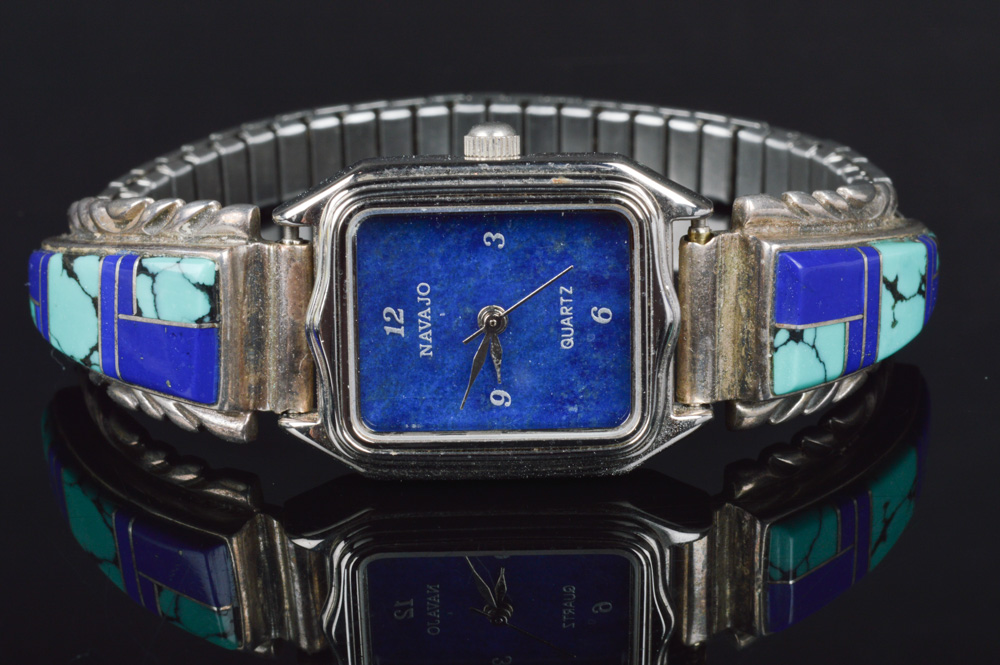 Vintage Navajo Watch with Sterling Silver, Turquoise, and Lapis Lazuli Accents