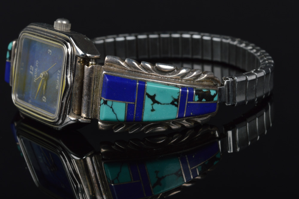 Vintage Navajo Watch with Sterling Silver, Turquoise, and Lapis Lazuli Accents