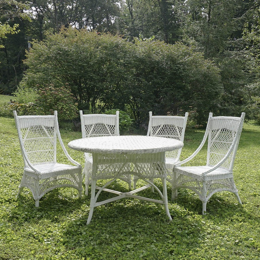 Vintage Victorian Style White Wicker Dining Table and Four Chairs