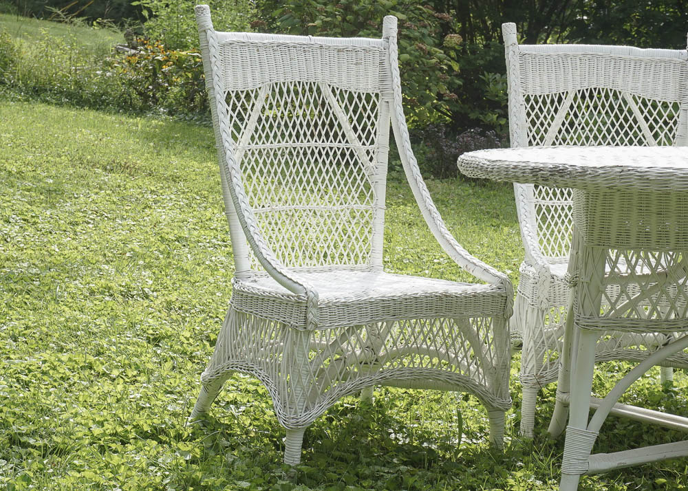 Vintage Victorian Style White Wicker Dining Table and Four Chairs