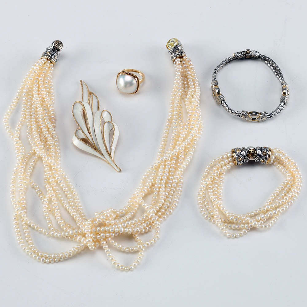 Assortment of Faux Pearl and Enamel Jewelry