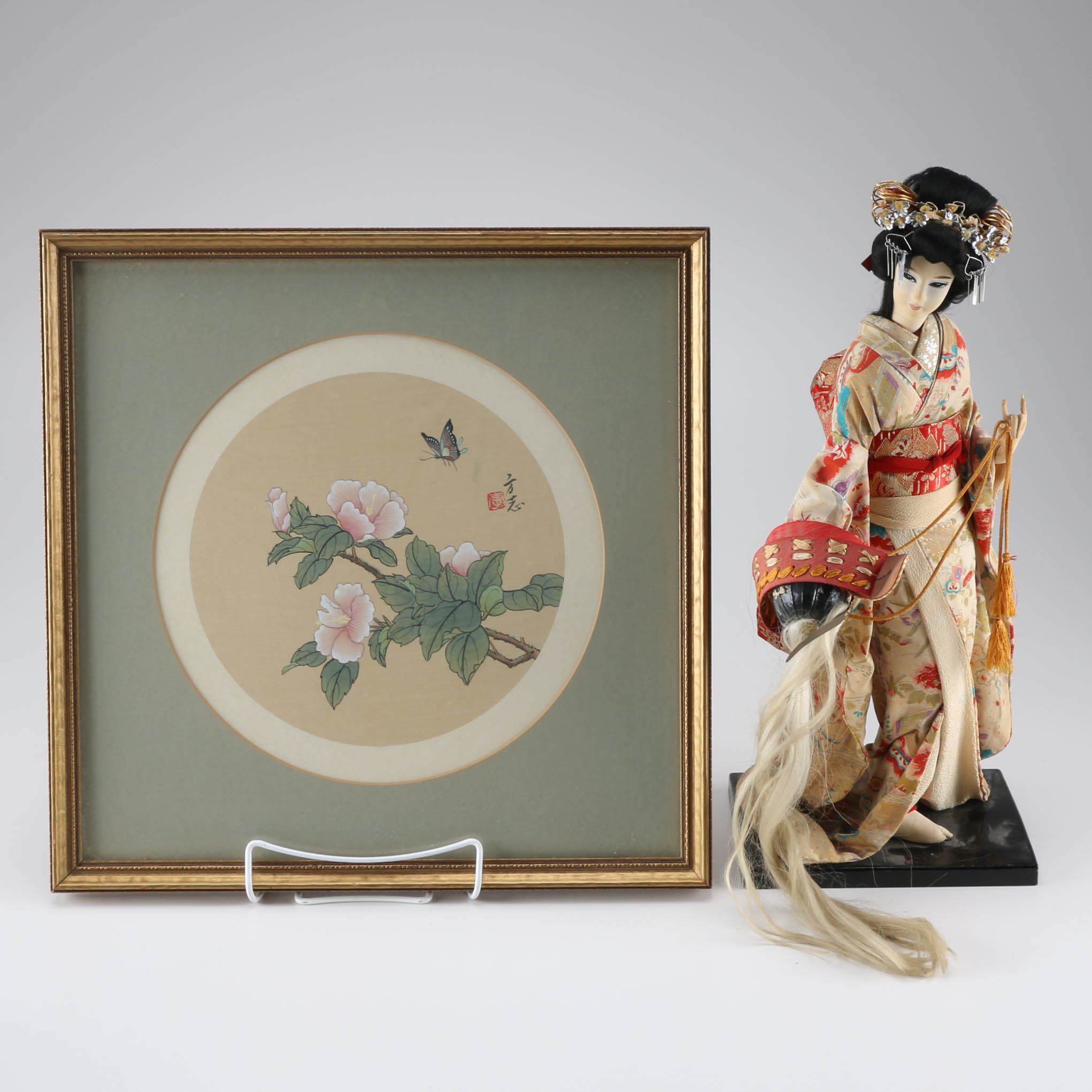 Japanese Kyugetsu Doll and Silk Artwork