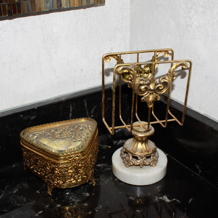 Ormolu Jewelry Casket and Brass Tone Bath Accessories
