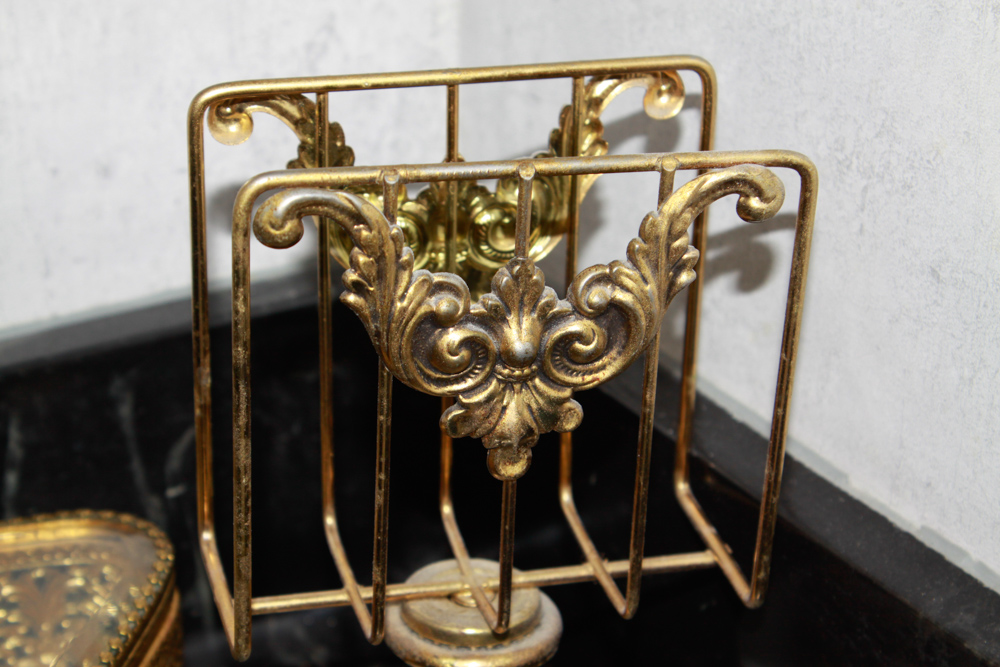 Ormolu Jewelry Casket and Brass Tone Bath Accessories