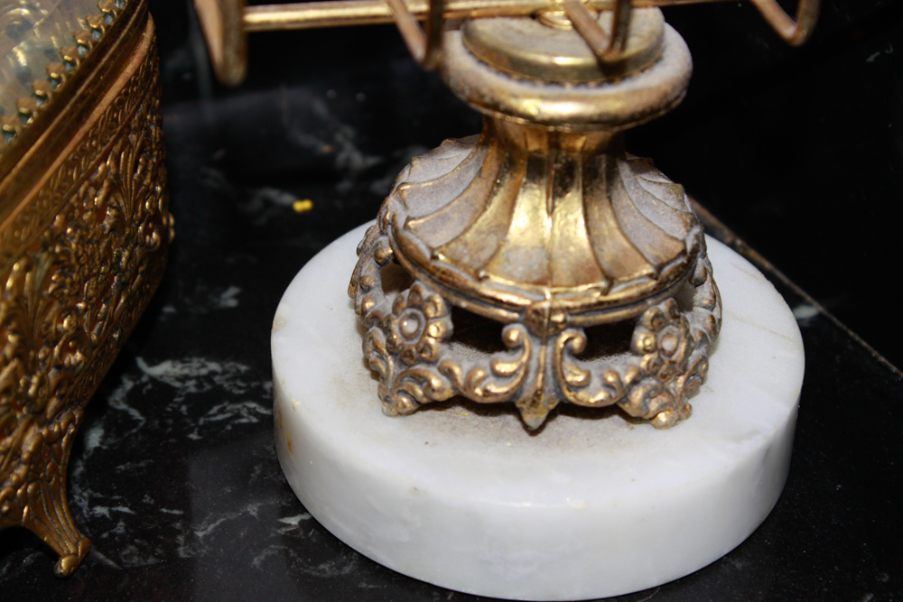 Ormolu Jewelry Casket and Brass Tone Bath Accessories