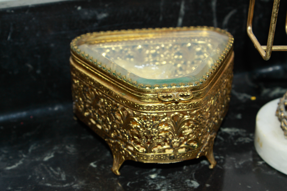 Ormolu Jewelry Casket and Brass Tone Bath Accessories