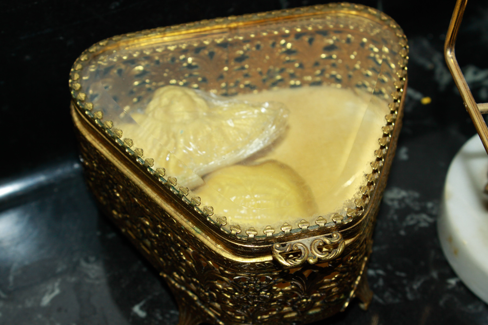 Ormolu Jewelry Casket and Brass Tone Bath Accessories