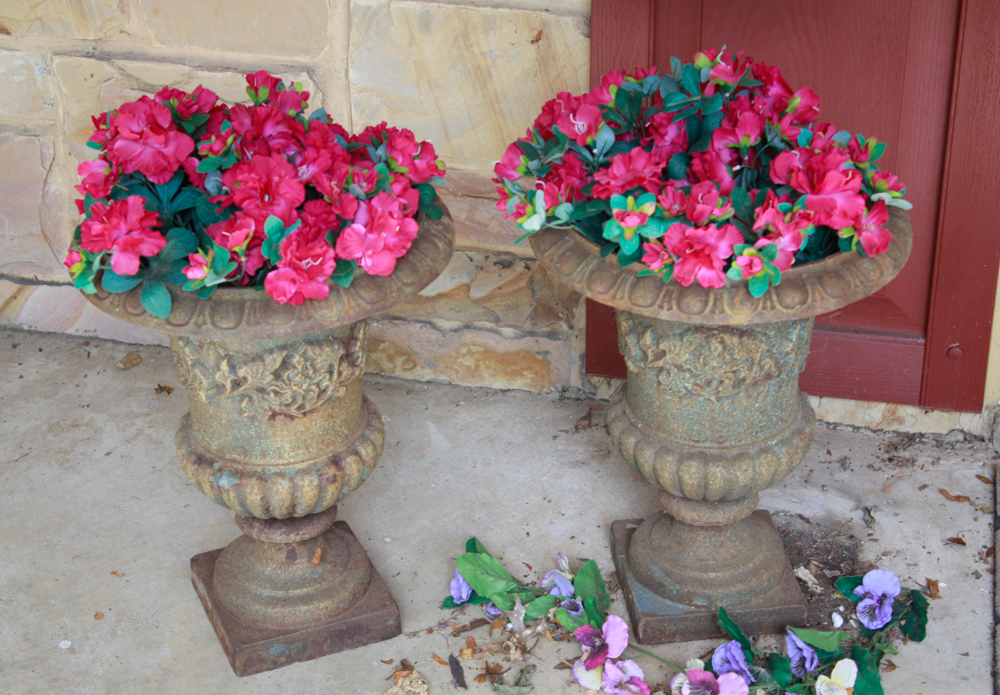 Pair of Metal Regency Urn Planters and Artificial Flowers