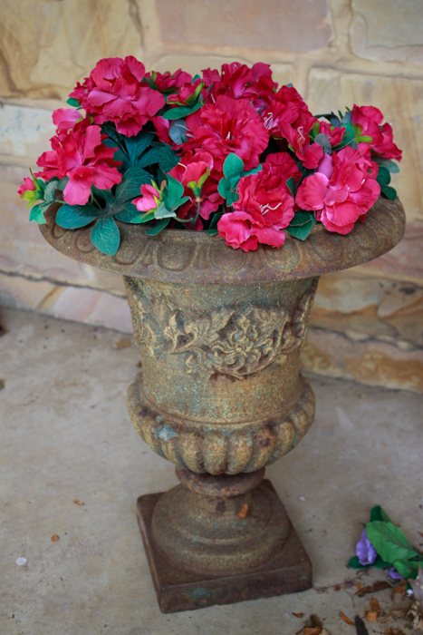 Pair of Metal Regency Urn Planters and Artificial Flowers