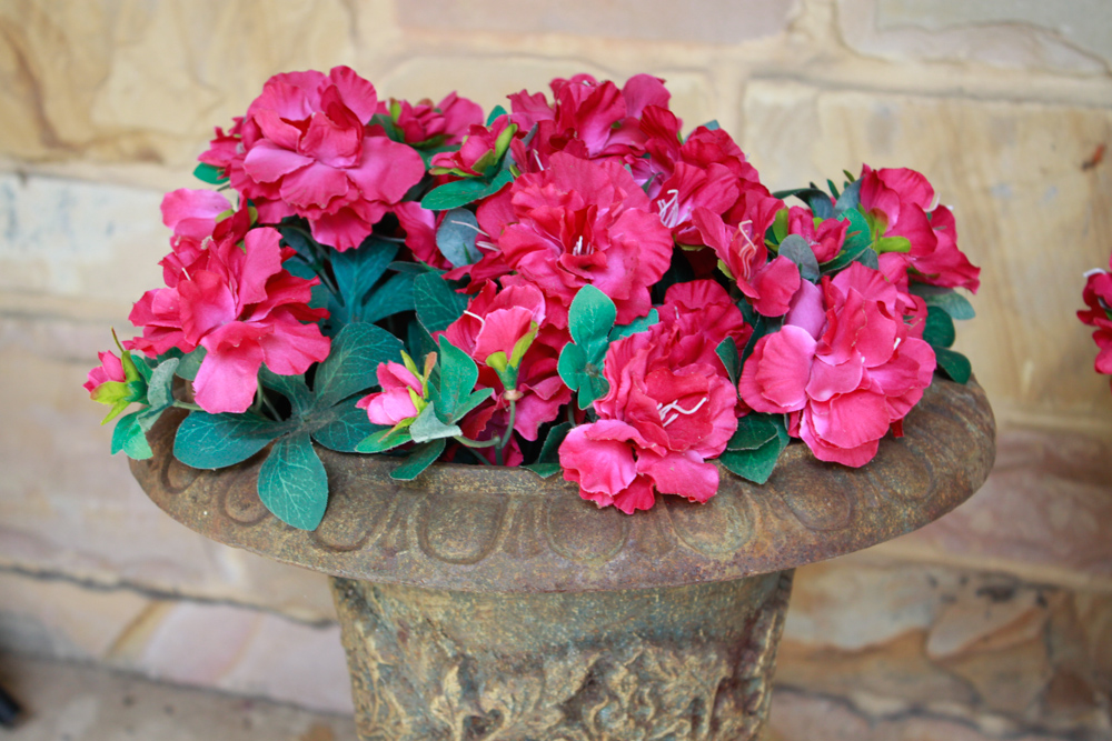 Pair of Metal Regency Urn Planters and Artificial Flowers