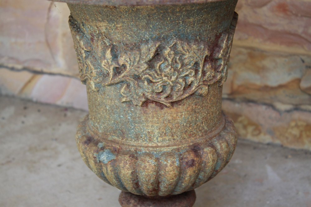 Pair of Metal Regency Urn Planters and Artificial Flowers