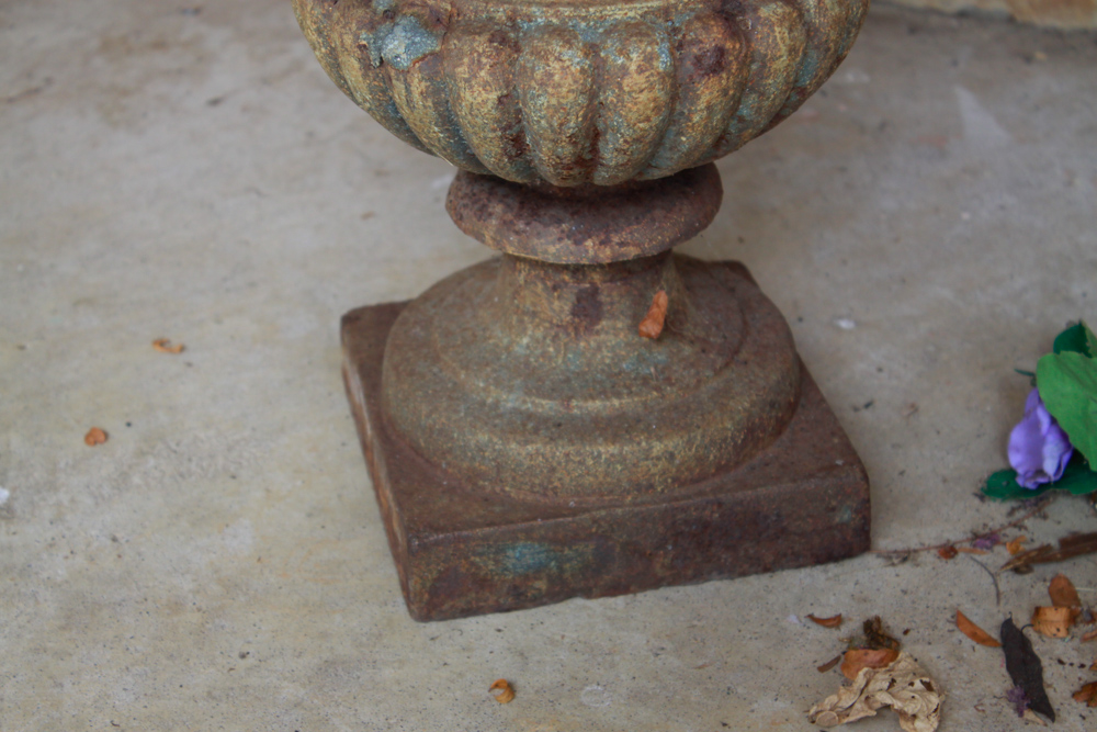 Pair of Metal Regency Urn Planters and Artificial Flowers