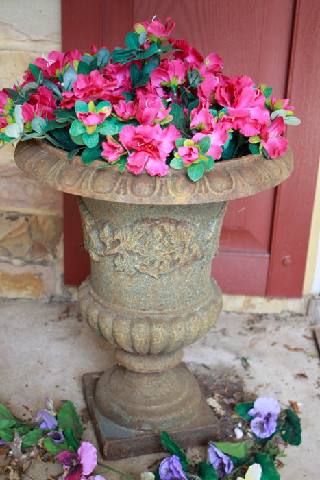 Pair of Metal Regency Urn Planters and Artificial Flowers