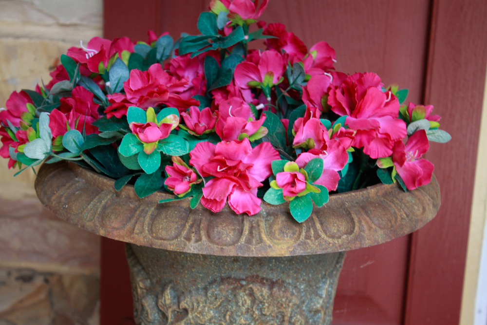 Pair of Metal Regency Urn Planters and Artificial Flowers
