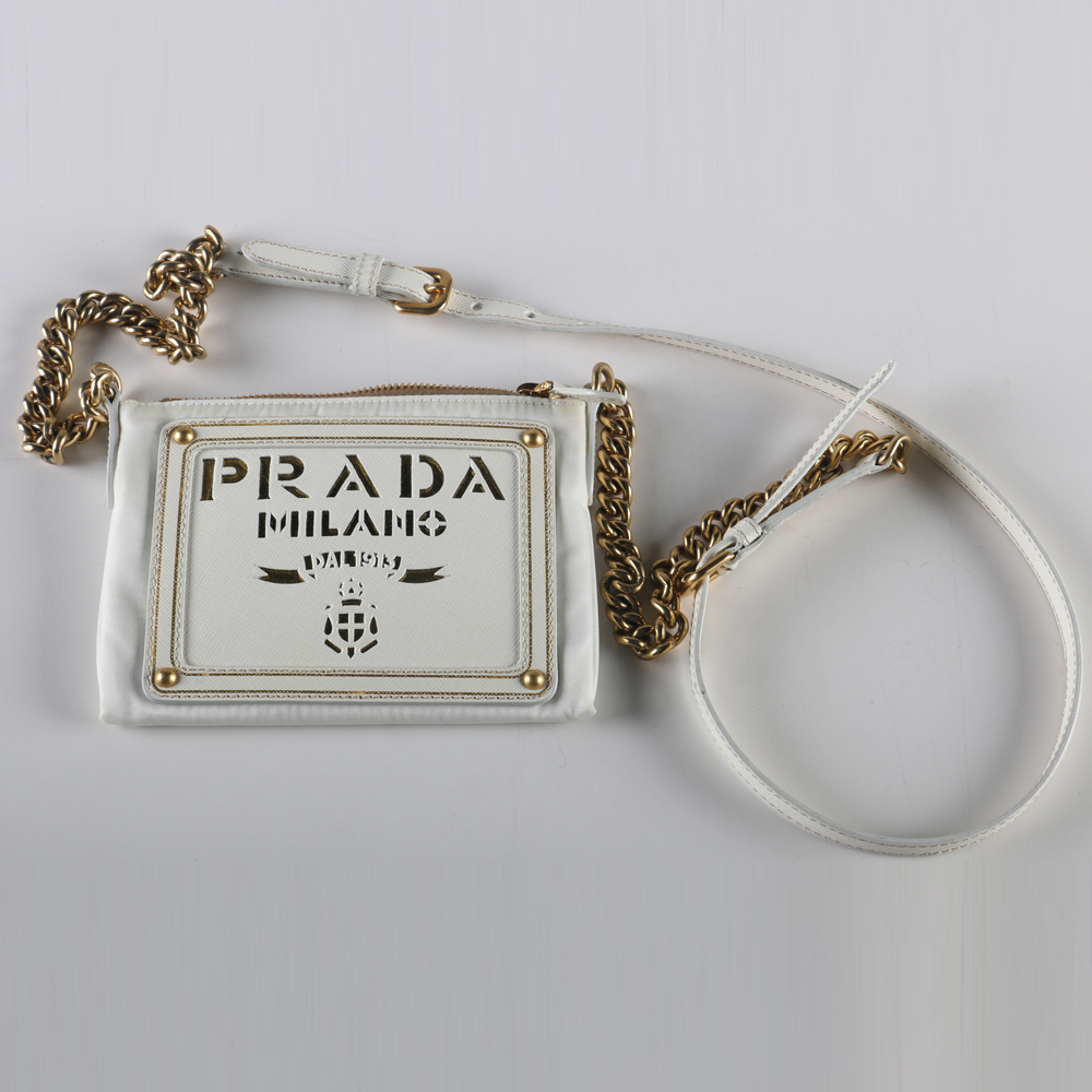 White Prada Tessuto Oro Chain Bag