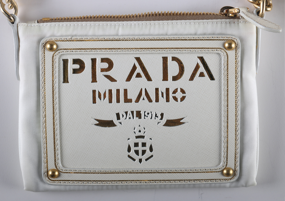 White Prada Tessuto Oro Chain Bag