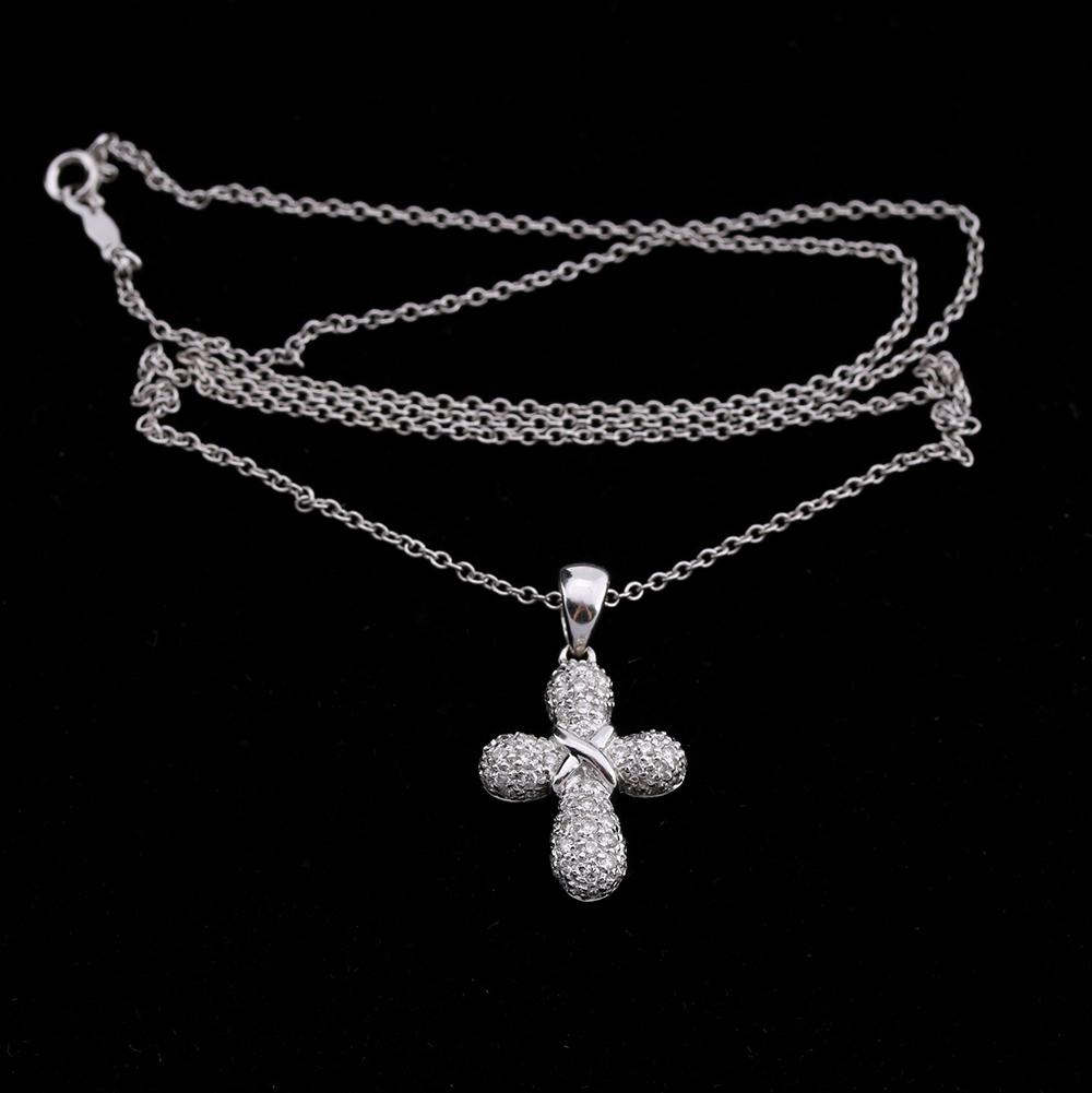 18K White Gold and Diamond Cross Pendant with 14K Gold Chain