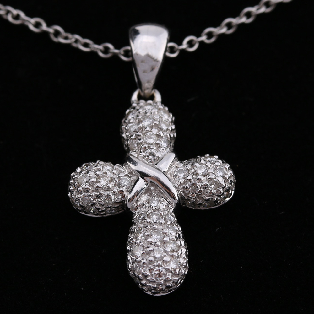 18K White Gold and Diamond Cross Pendant with 14K Gold Chain