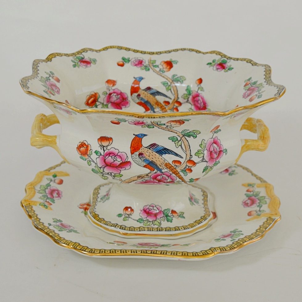 Antique English "Pheasant" Porcelain Compote and Plate Set