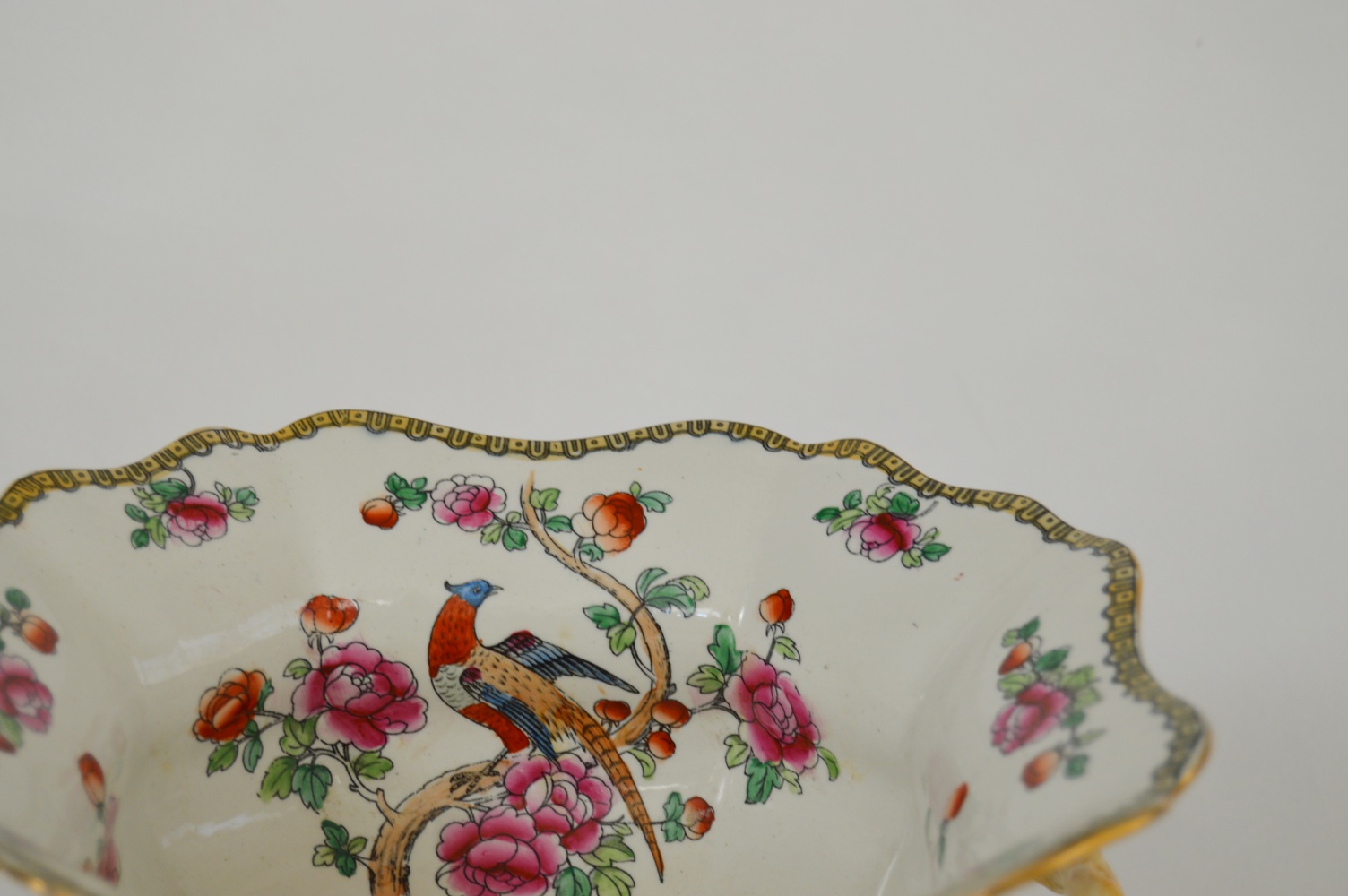 Antique English "Pheasant" Porcelain Compote and Plate Set