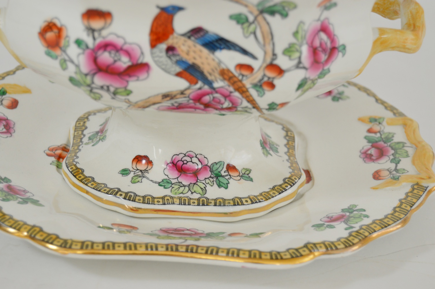 Antique English "Pheasant" Porcelain Compote and Plate Set