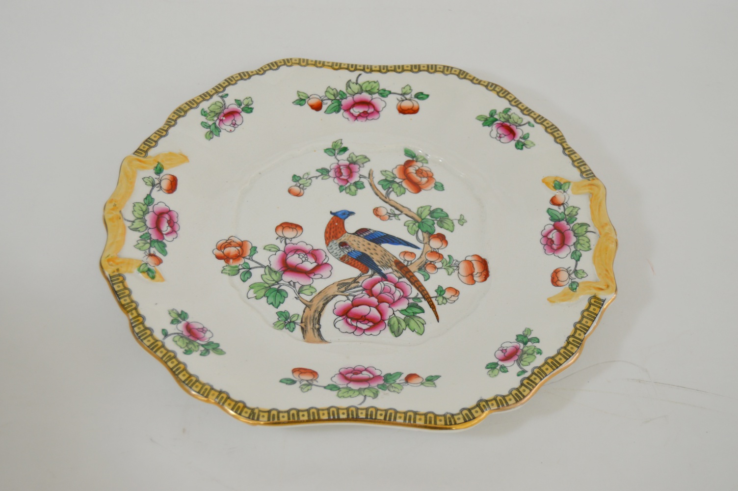 Antique English "Pheasant" Porcelain Compote and Plate Set