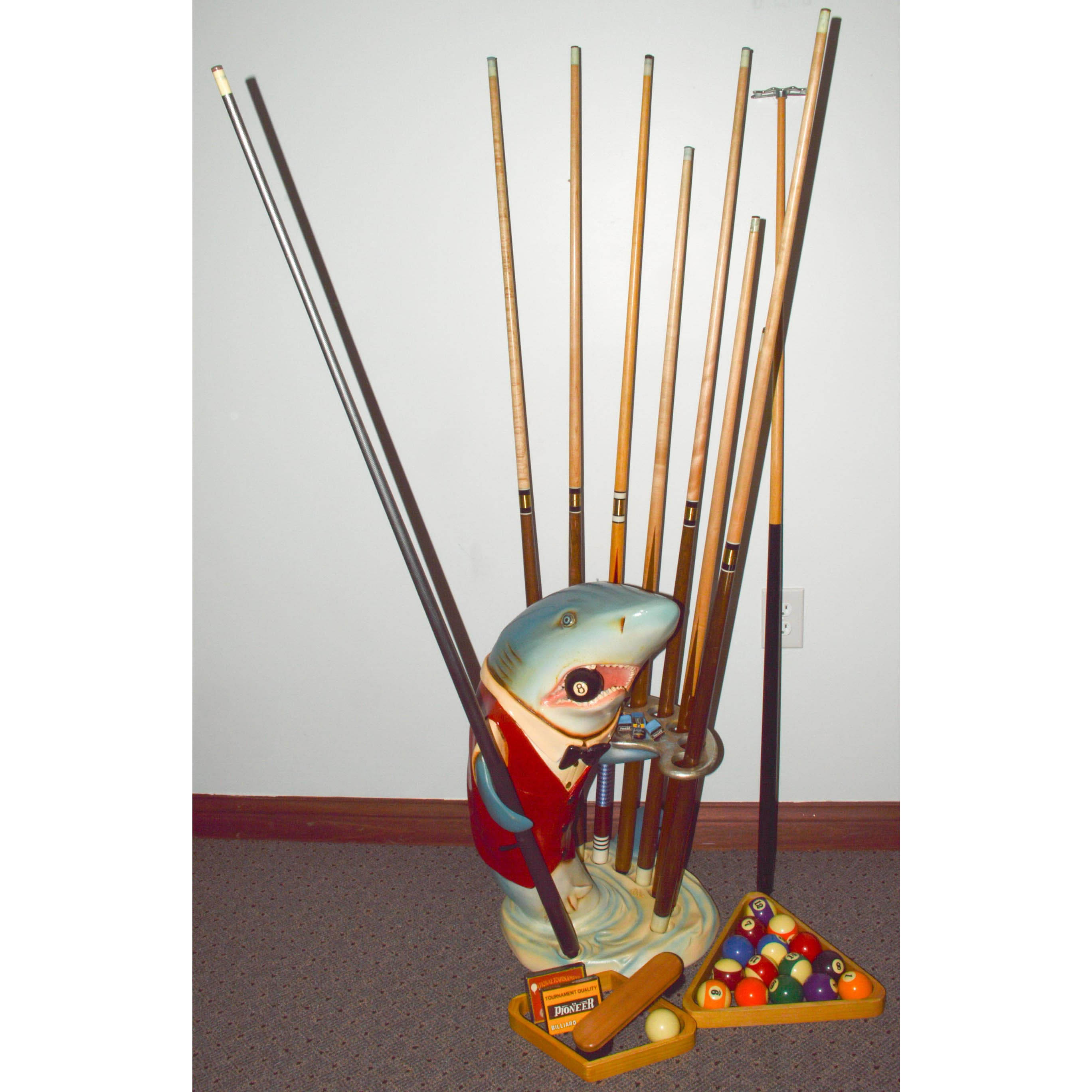 Retro Shark Billiard Stand with Cues, Balls, Racks, and More