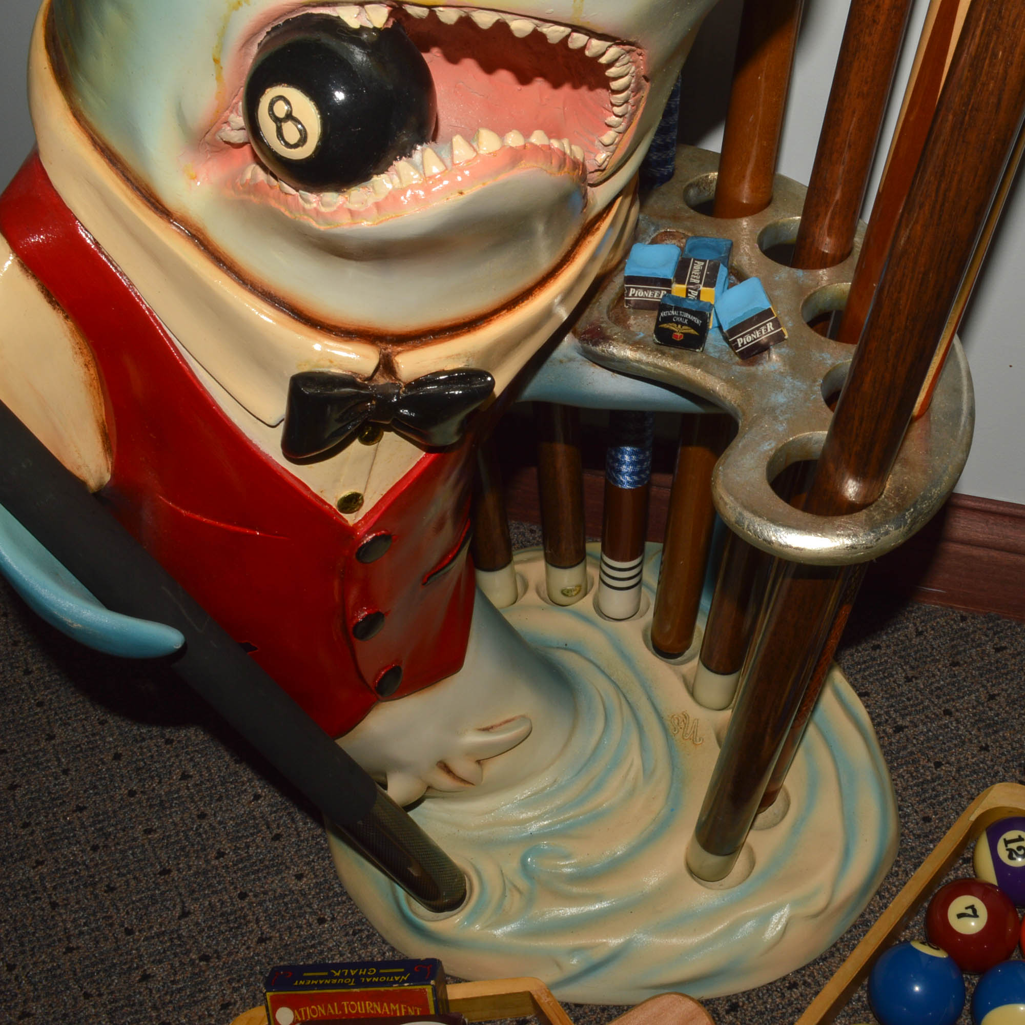 Retro Shark Billiard Stand with Cues, Balls, Racks, and More