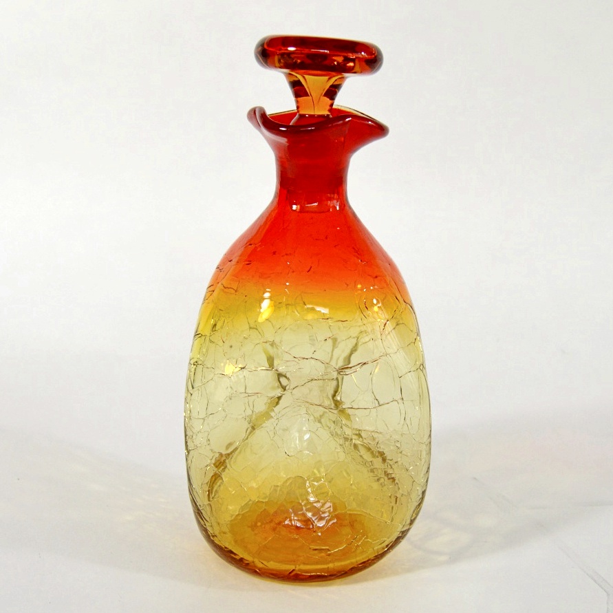 Mid Century Blenko Pinched Crackle Amberina Decanter