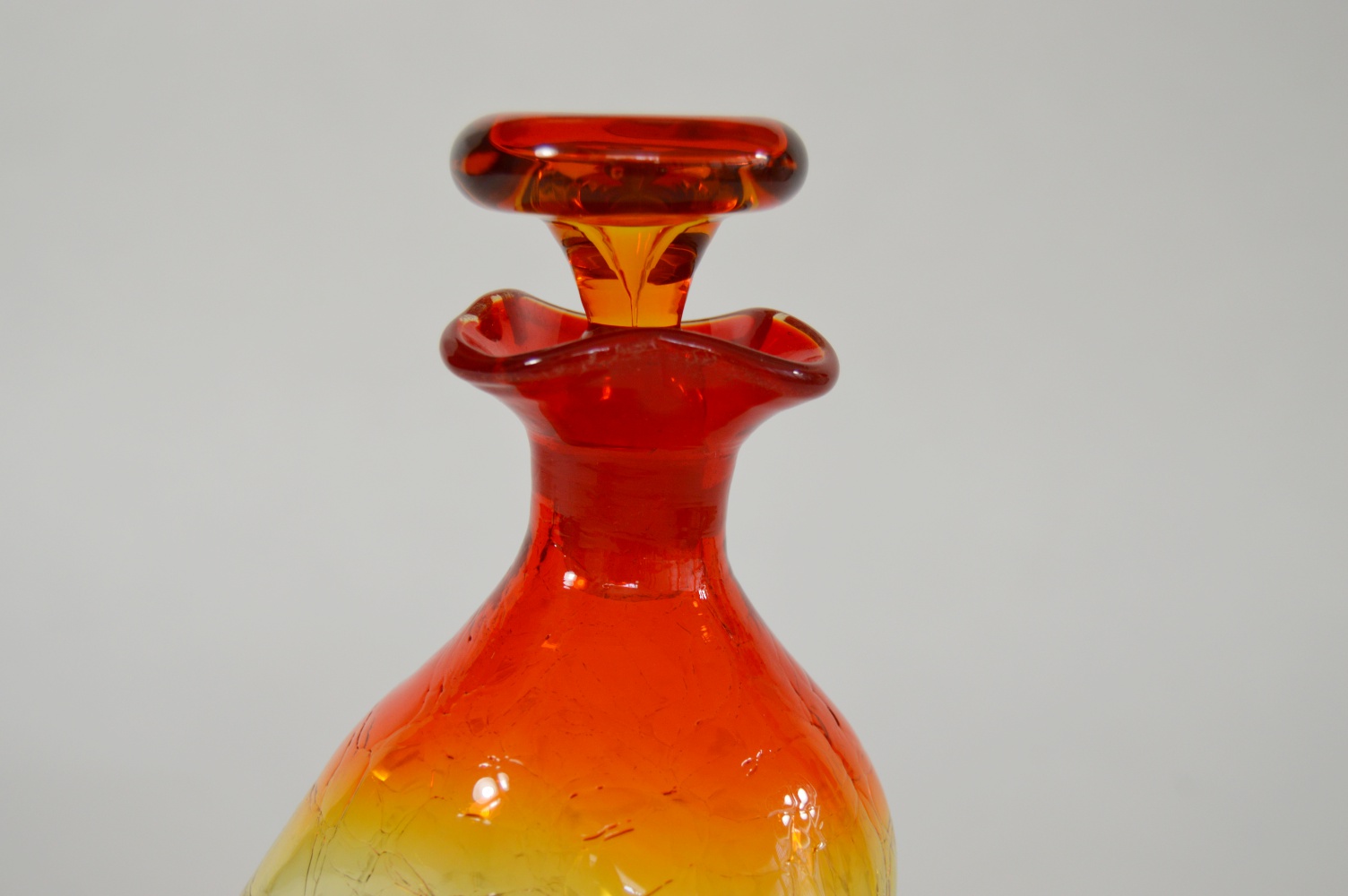 Mid Century Blenko Pinched Crackle Amberina Decanter