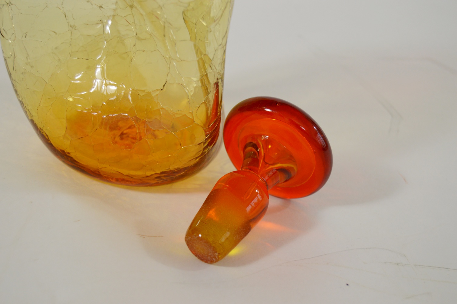 Mid Century Blenko Pinched Crackle Amberina Decanter