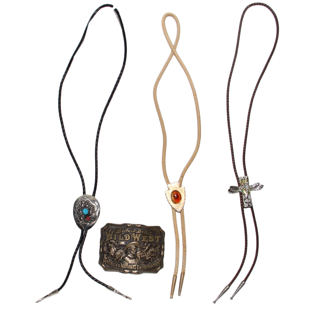 Southwestern Style Bolero Ties and Buffalo Bill Belt Buckle