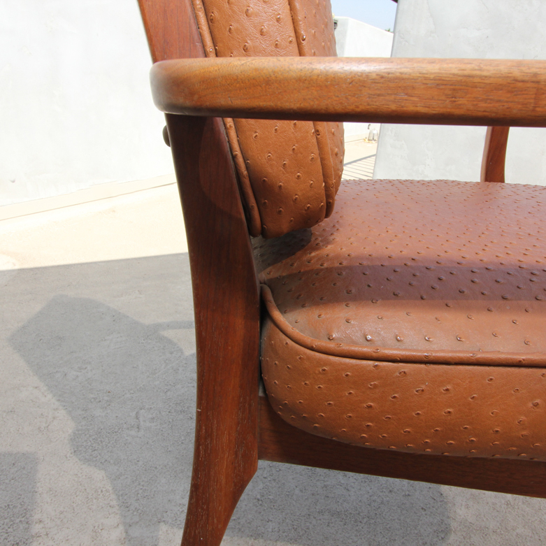 Set of Mid-Century Modern Teak Dining Chairs with Ostrich Leather Upholstery