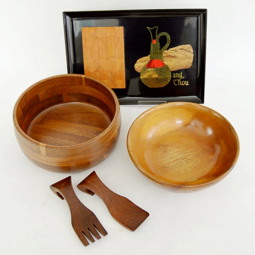 Mid Century Walnut and Myrtlewood Salad Bowls, Couroc Tray