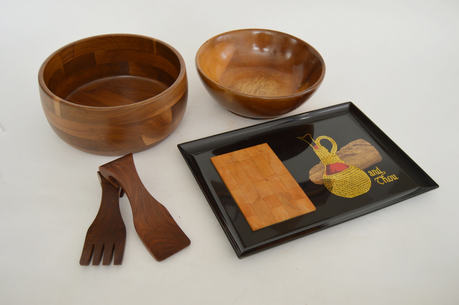 Mid Century Walnut and Myrtlewood Salad Bowls, Couroc Tray